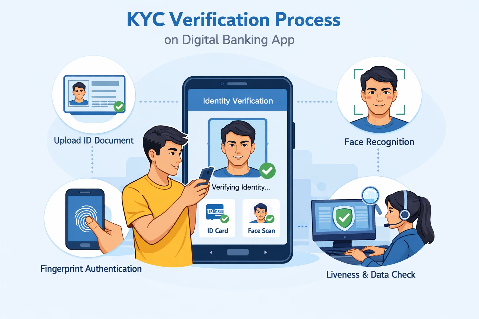 KYC verification process on digital banking app with identity check illustration